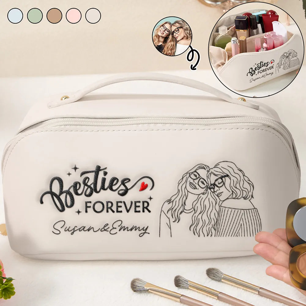 Gift For Bestie, Gift For Sisters, Gift For Women, Happy, Custom Photo - Custom Photo Outline Sketch Besties Sisters Forever - Personalized Embroidered Leather Makeup Bag