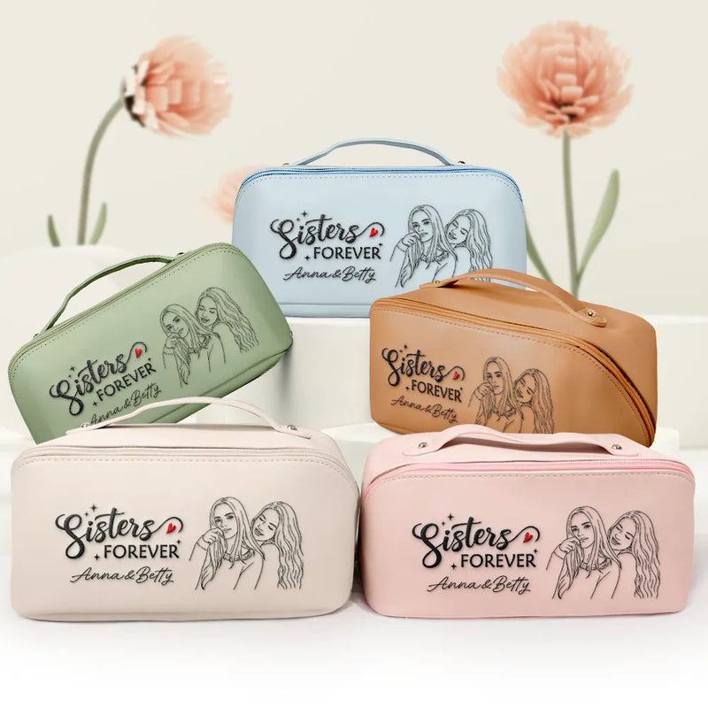 Gift For Bestie, Gift For Sisters, Gift For Women, Happy, Custom Photo - Custom Photo Outline Sketch Besties Sisters Forever - Personalized Embroidered Leather Makeup Bag