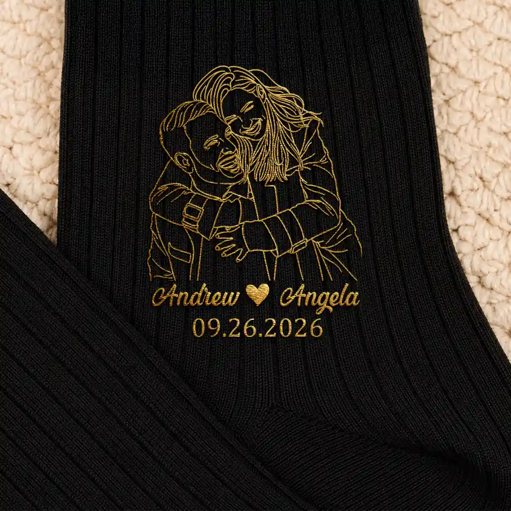 Gift For Husband, Gift For Couples, Custom Photo, Art Design, Wedding, Romantic, Photo - Outline Sketch - Custom Photo Outline Sketch Couple Romantic Portrait - Personalized Embroidered Socks