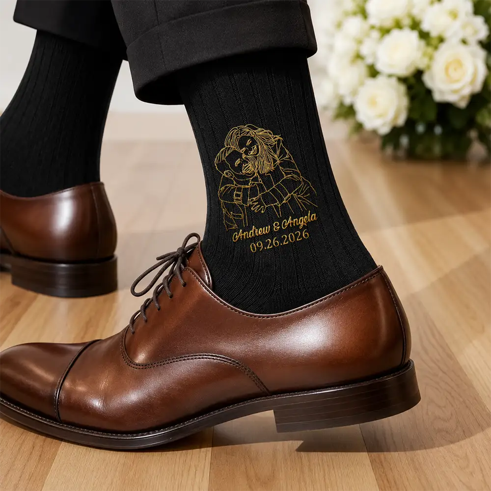 Gift For Husband, Gift For Couples, Custom Photo, Art Design, Wedding, Romantic, Photo - Outline Sketch - Custom Photo Outline Sketch Couple Romantic Portrait - Personalized Embroidered Socks