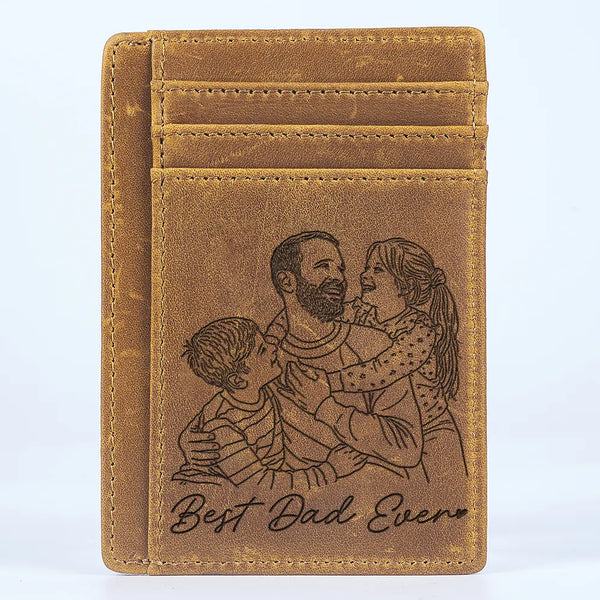 Gift For Father, Gift For Grandpa, Happy, Custom Photo - Custom Photo Outline Sketch Dad Grandpa And Kids Custom Message - Personalized Card Wallet