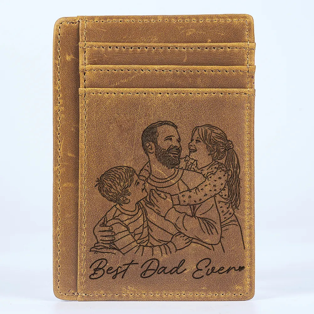 Gift For Father, Gift For Grandpa, Happy, Custom Photo - Custom Photo Outline Sketch Dad Grandpa And Kids Custom Message - Personalized Card Wallet