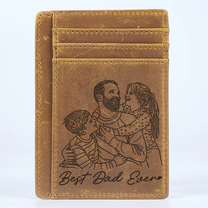 Gift For Father, Gift For Grandpa, Happy, Custom Photo - Custom Photo Outline Sketch Dad Grandpa And Kids Custom Message - Personalized Card Wallet