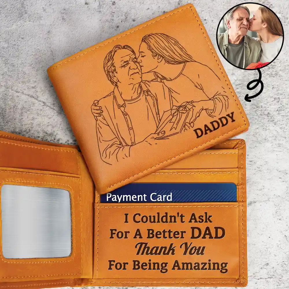 Gift For Father,Gift For Grandpa,Happy,Custom Photo - Custom Photo Outline Sketch Dad Thank You For Being Amazing - Personalized Engraved Leather Wallet
