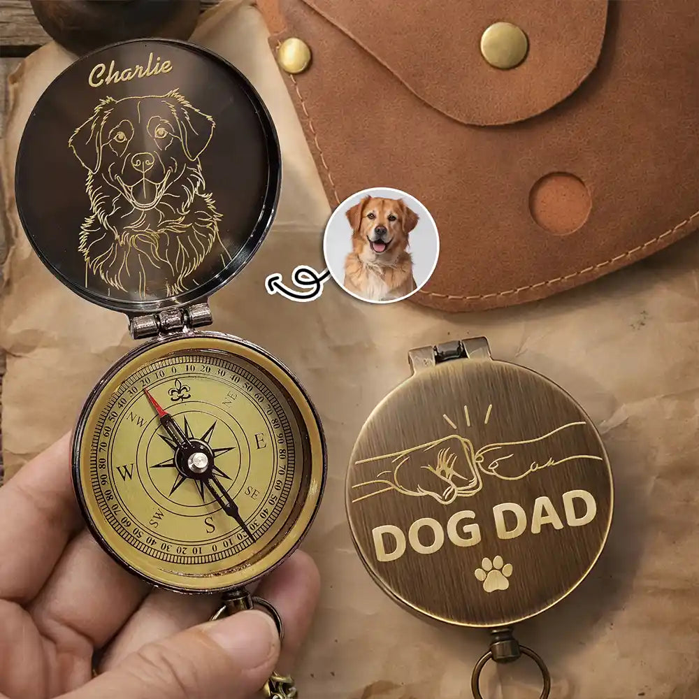 Custom Photo Outline Sketch Dog Dad Cat Dad - Personalized Engraved Brass Compass