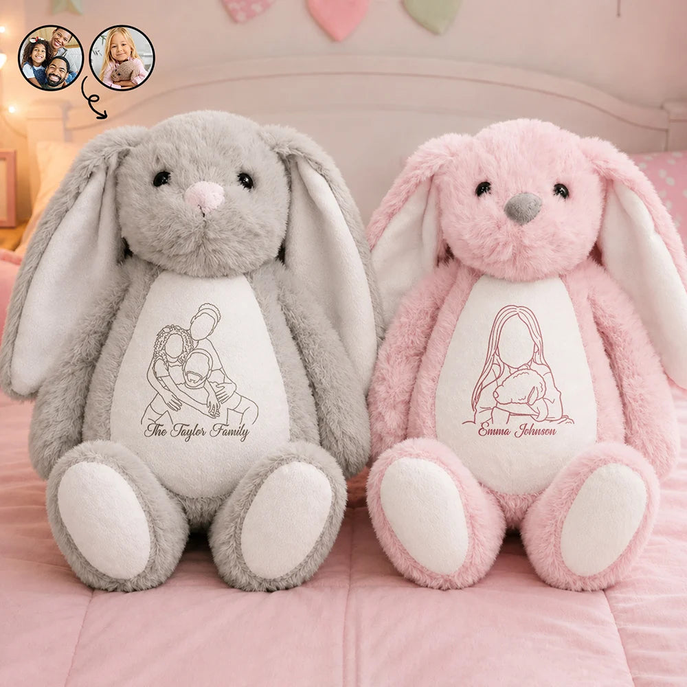 Custom Photo Outline Sketch Happy Family & Kid Together - Personalized Soft Toy Bunny