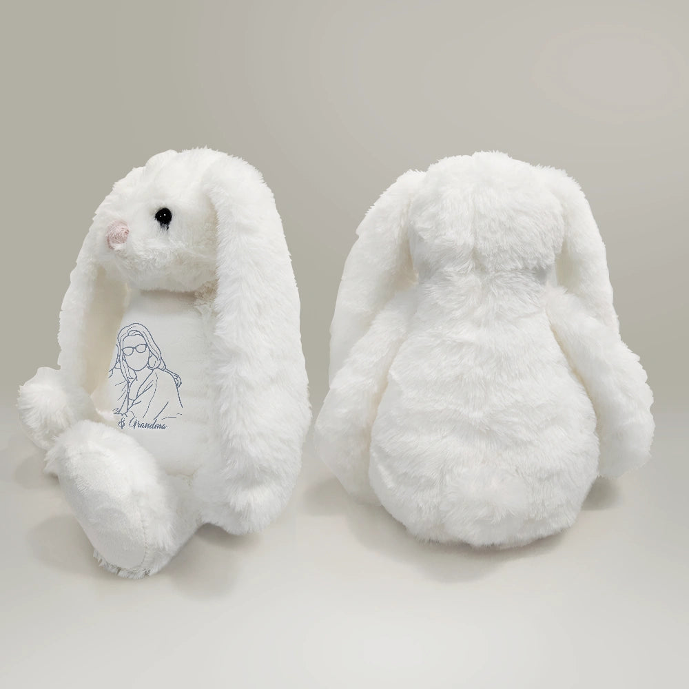 Adorable,Art Design,Gift For Kids,Photo - Outline Sketch - Embroidered Product - Custom Photo Outline Sketch Happy Family & Kid Together - Personalized Soft Toy Bunny
