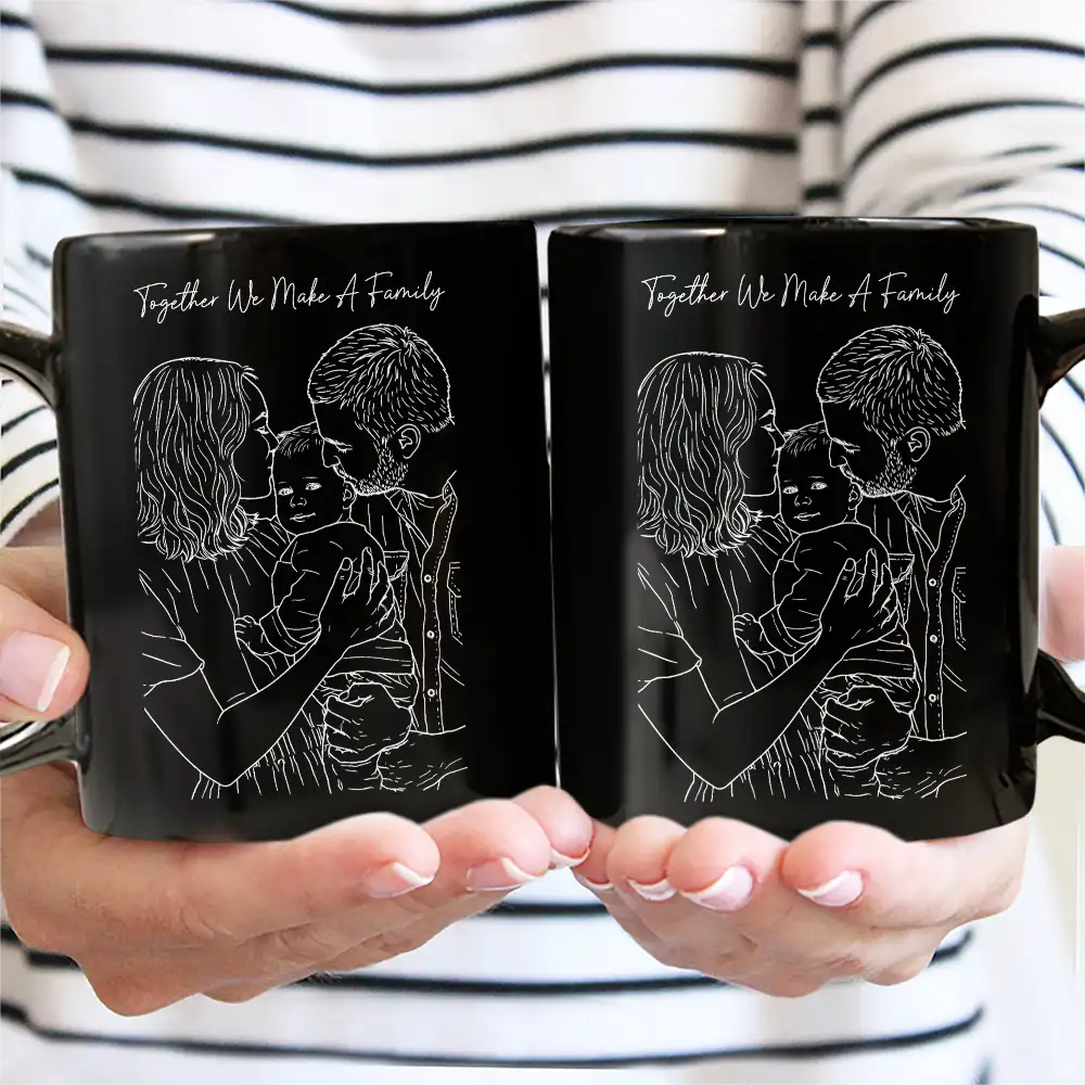 Gift For Mother,Gift For Father,Gift For Grandma,Gift For Grandpa,Love,Happy,Custom Photo - Custom Photo Outline Sketch Mom Dad Baby Family Portrait Line Art - Personalized Mug