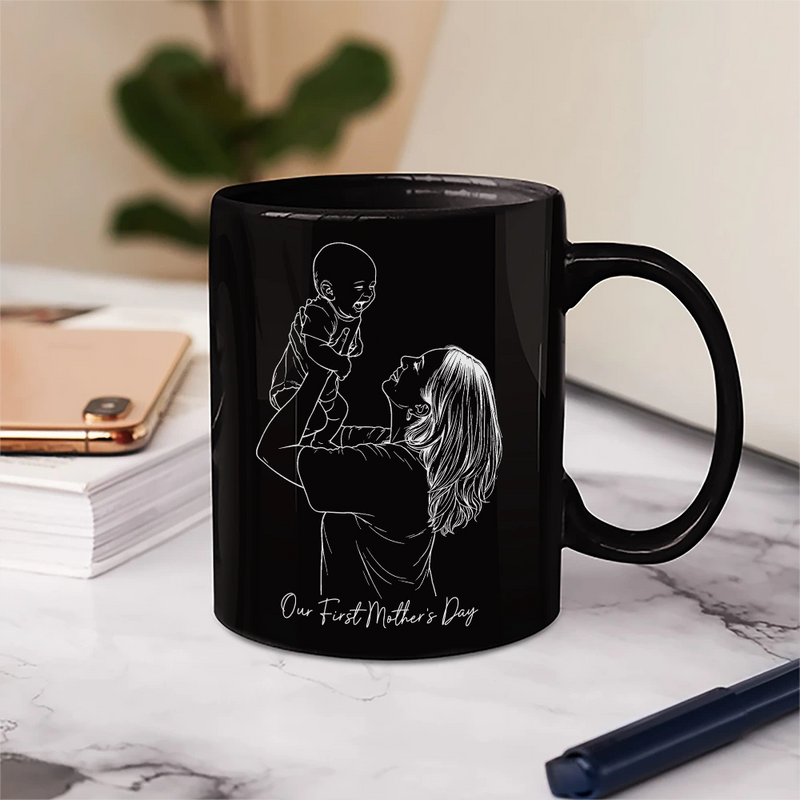 Gift For Mother,Gift For Father,Gift For Grandma,Gift For Grandpa,Love,Happy,Custom Photo - Custom Photo Outline Sketch Mom Dad Baby Family Portrait Line Art - Personalized Mug