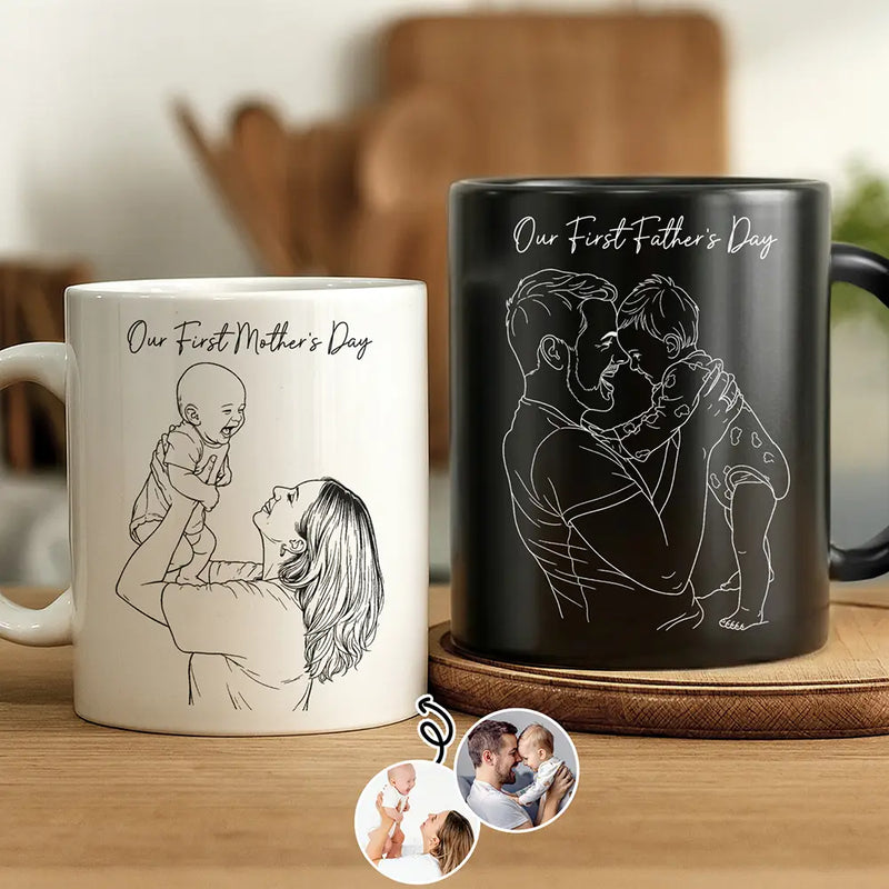 Gift For Mother,Gift For Father,Gift For Grandma,Gift For Grandpa,Love,Happy,Custom Photo - Custom Photo Outline Sketch Mom Dad Baby Family Portrait Line Art - Personalized Mug