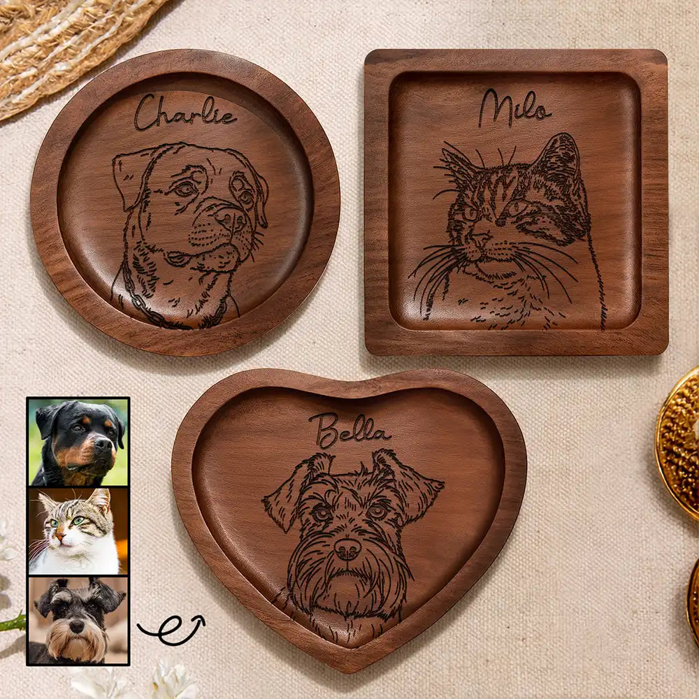 Custom Photo Outline Sketch Pet Face And Name - Personalized Wood Ring Dish