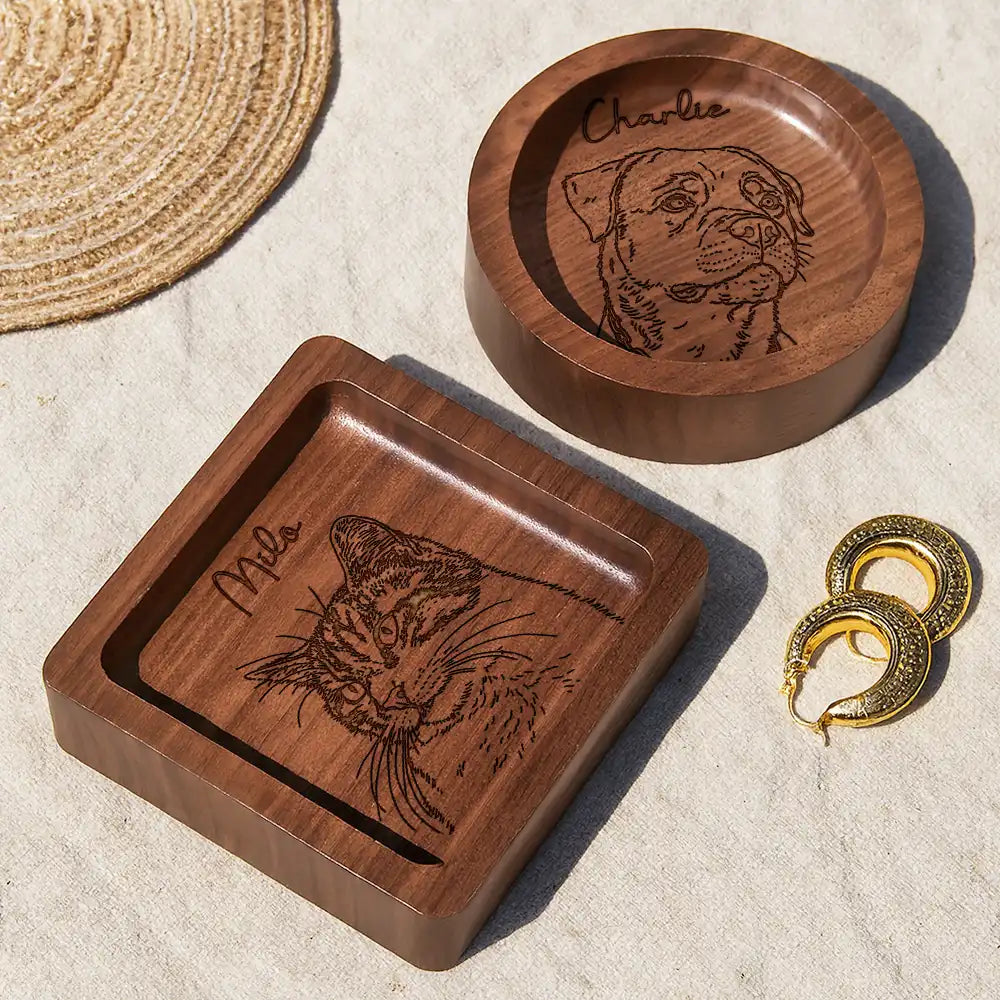 Pet Lovers,Pet Mom,Custom Photo,Happy - Custom Photo Outline Sketch Pet Face And Name - Personalized Wood Ring Dish