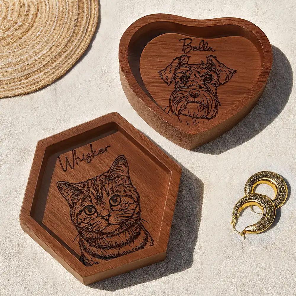 Pet Lovers,Pet Mom,Custom Photo,Happy - Custom Photo Outline Sketch Pet Face And Name - Personalized Wood Ring Dish