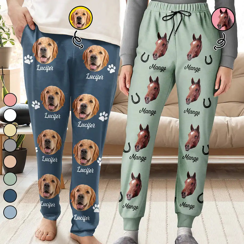 Pet Lovers,Pet Mom,Pet Dad,Dog Lovers,Dog Mom,Dog Dad,Cat Lovers,Cat Mom,Cat Dad,Custom Photo,Happy - Custom Photo Paw Print Horseshoe Carrot Pattern Cute Pet Photo - Personalized Pajama Pants
