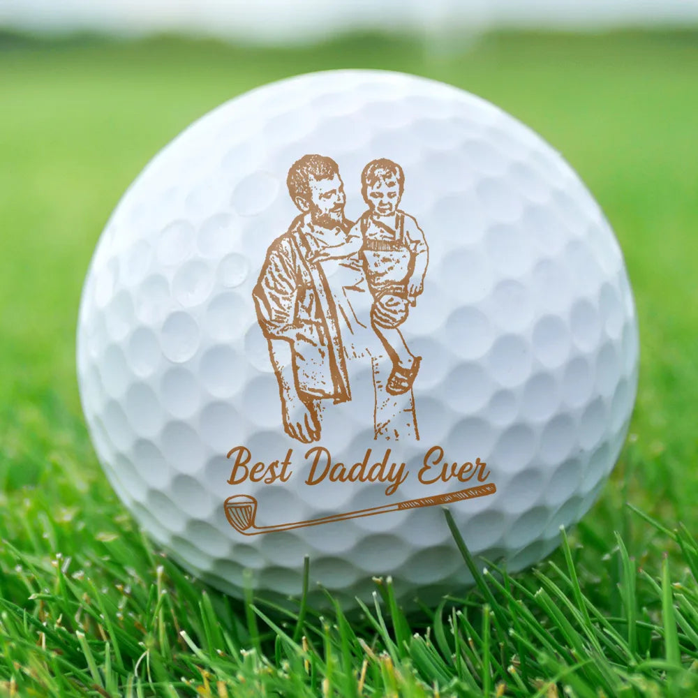 Gift For Father, Sport Dad, Golf, Custom Photo, Happy - Custom Photo Pencil Drawing Best Dad By Par - Personalized Golf Ball