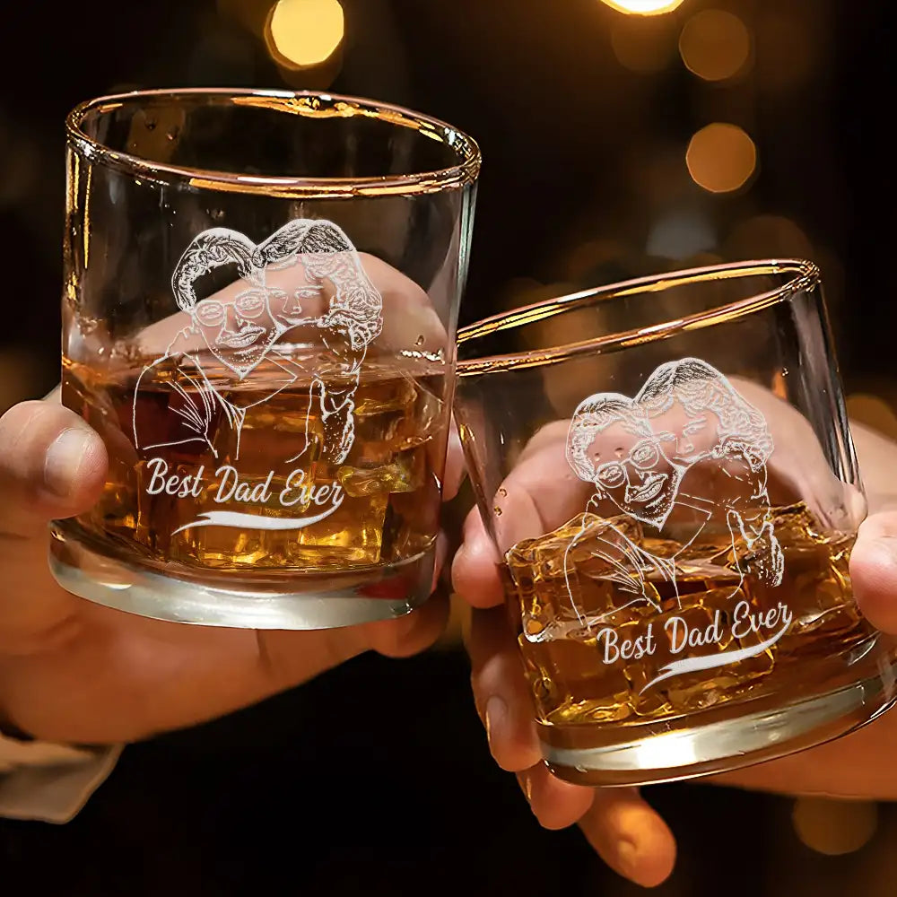 Custom Photo, Gift For Father, Happy - Custom Photo Pencil Drawing Best Dad Ever I Love You - Personalized Engraved Whiskey Glass