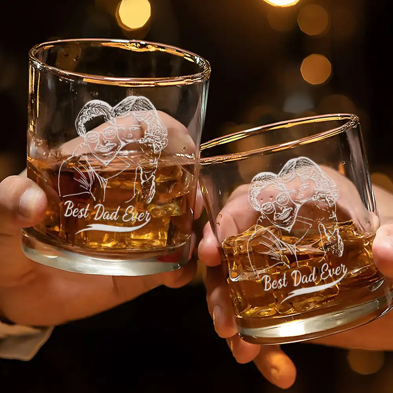 Custom Photo, Gift For Father, Happy - Custom Photo Pencil Drawing Best Dad Ever I Love You - Personalized Engraved Whiskey Glass