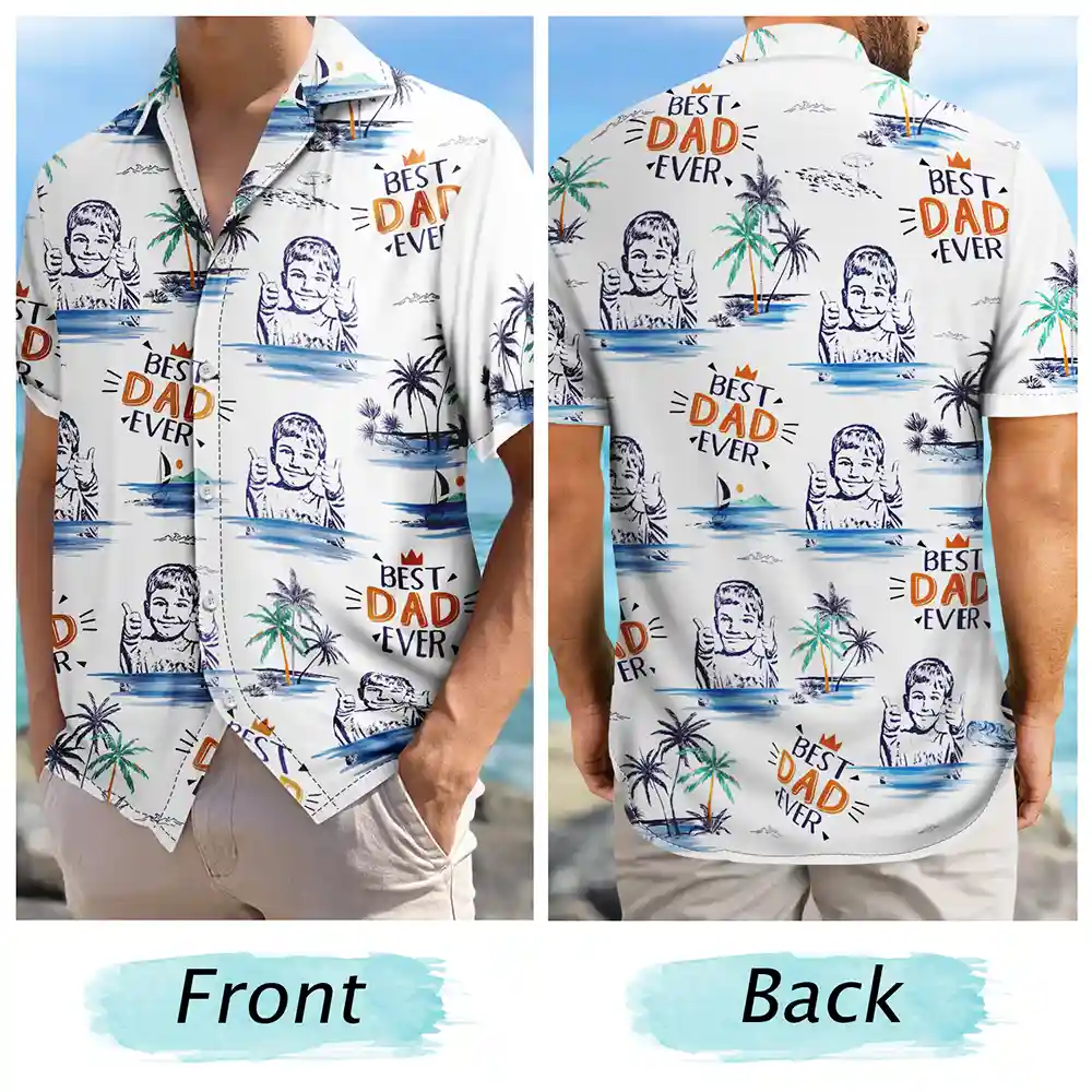 Gift For Husband,Gift For Yourself,Gift For Men,Gift For Grandpa,Gift For Father,Summer,Beach - Custom Photo Pencil Drawing Best Dad Grandpa Ever - Personalized Hawaiian Shirt