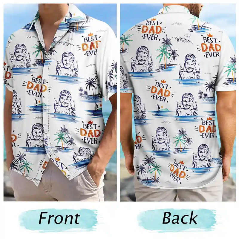 Gift For Husband,Gift For Yourself,Gift For Men,Gift For Grandpa,Gift For Father,Summer,Beach - Custom Photo Pencil Drawing Best Dad Grandpa Ever - Personalized Hawaiian Shirt