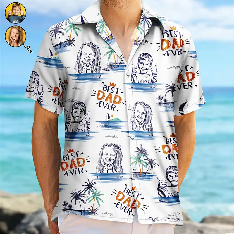 Gift For Husband,Gift For Yourself,Gift For Men,Gift For Grandpa,Gift For Father,Summer,Beach - Custom Photo Pencil Drawing Best Dad Grandpa Ever - Personalized Hawaiian Shirt