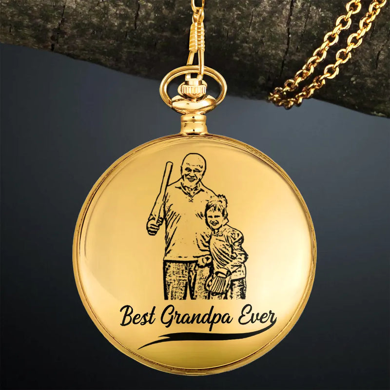 Gift For Father,Love - Custom Photo Pencil Drawing Best Dad Grandpa Ever - Personalized Pocket Watch
