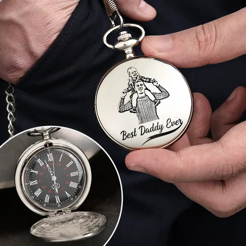 Gift For Father,Love - Custom Photo Pencil Drawing Best Dad Grandpa Ever - Personalized Pocket Watch