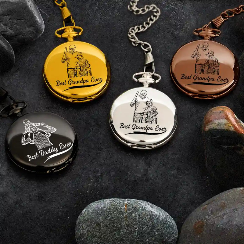 Gift For Father,Love - Custom Photo Pencil Drawing Best Dad Grandpa Ever - Personalized Pocket Watch