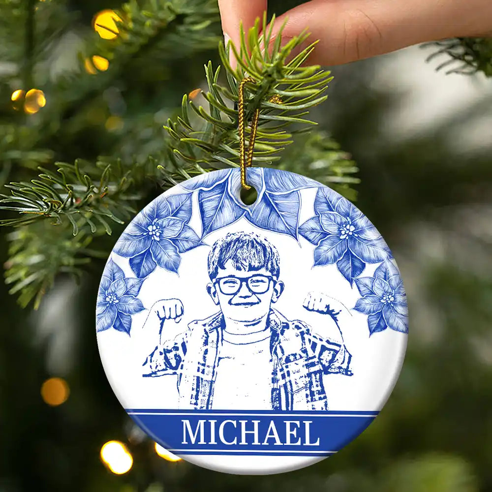 Gift For Yourself,Gift For Women,Gift For Men,Gift For Daughter,Gift For Kids,Gift For Son,Gift For Sibling,Gift For Sisters,Gift For Brothers,Family,Gift For Bestie,Christmas,Dog Lovers,Pet Lovers,Cat Lovers,Love - Custom Photo Pencil Drawing Birth Flower Family Portrait - Personalized Circle Ceramic Ornament