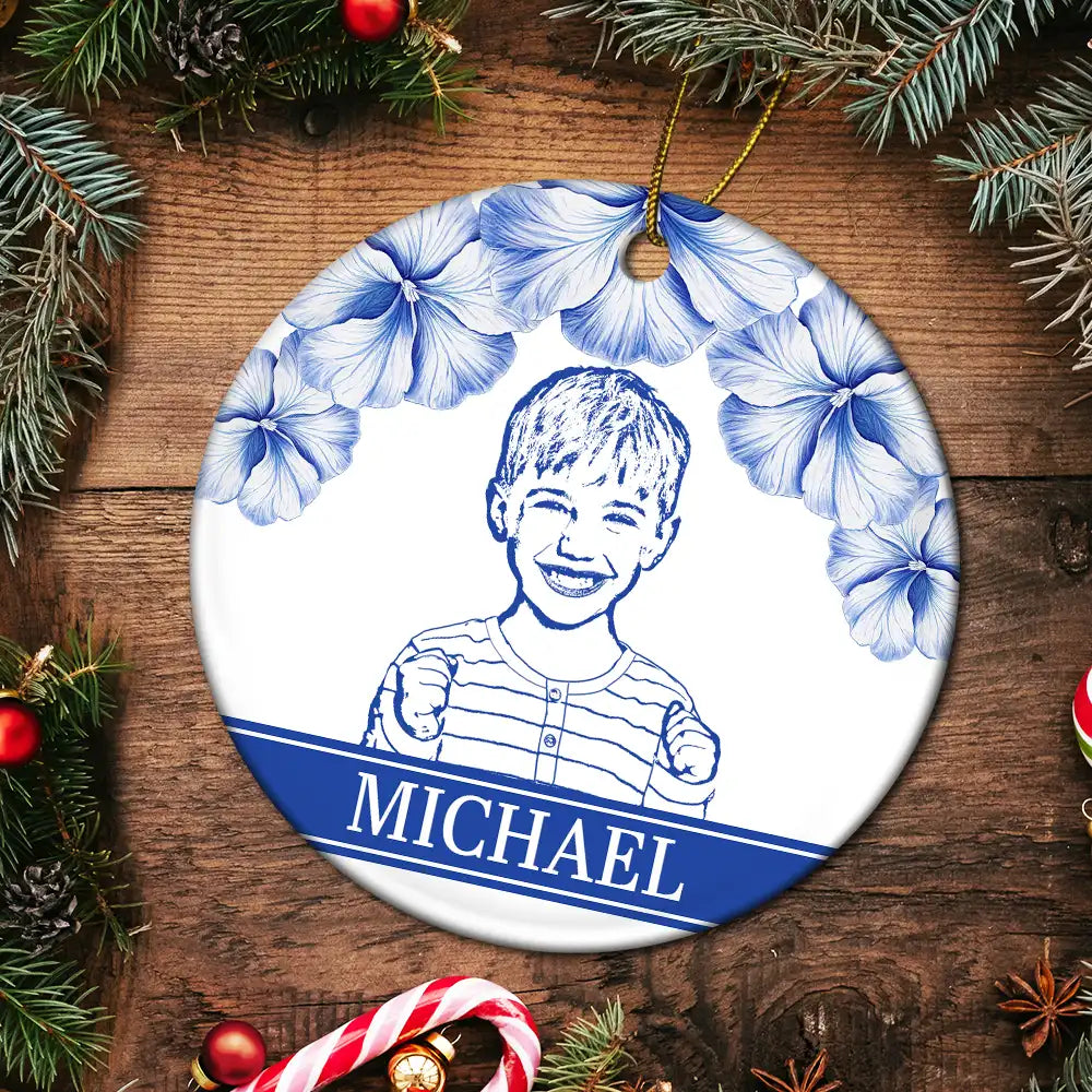 Gift For Yourself,Gift For Women,Gift For Men,Gift For Daughter,Gift For Kids,Gift For Son,Gift For Sibling,Gift For Sisters,Gift For Brothers,Family,Gift For Bestie,Christmas,Dog Lovers,Pet Lovers,Cat Lovers,Love - Custom Photo Pencil Drawing Birth Flower Family Portrait - Personalized Circle Ceramic Ornament