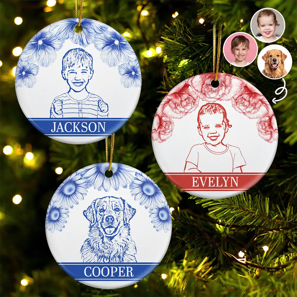 Gift For Yourself,Gift For Women,Gift For Men,Gift For Daughter,Gift For Kids,Gift For Son,Gift For Sibling,Gift For Sisters,Gift For Brothers,Family,Gift For Bestie,Christmas,Dog Lovers,Pet Lovers,Cat Lovers,Love - Custom Photo Pencil Drawing Birth Flower Family Portrait - Personalized Circle Ceramic Ornament