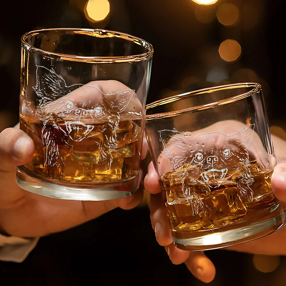 Custom Photo, Pet Lovers, Pet Dad, Dog Lovers, Happy - Custom Photo Pencil Drawing Dog Cat Portrait - Personalized Engraved Whiskey Glass