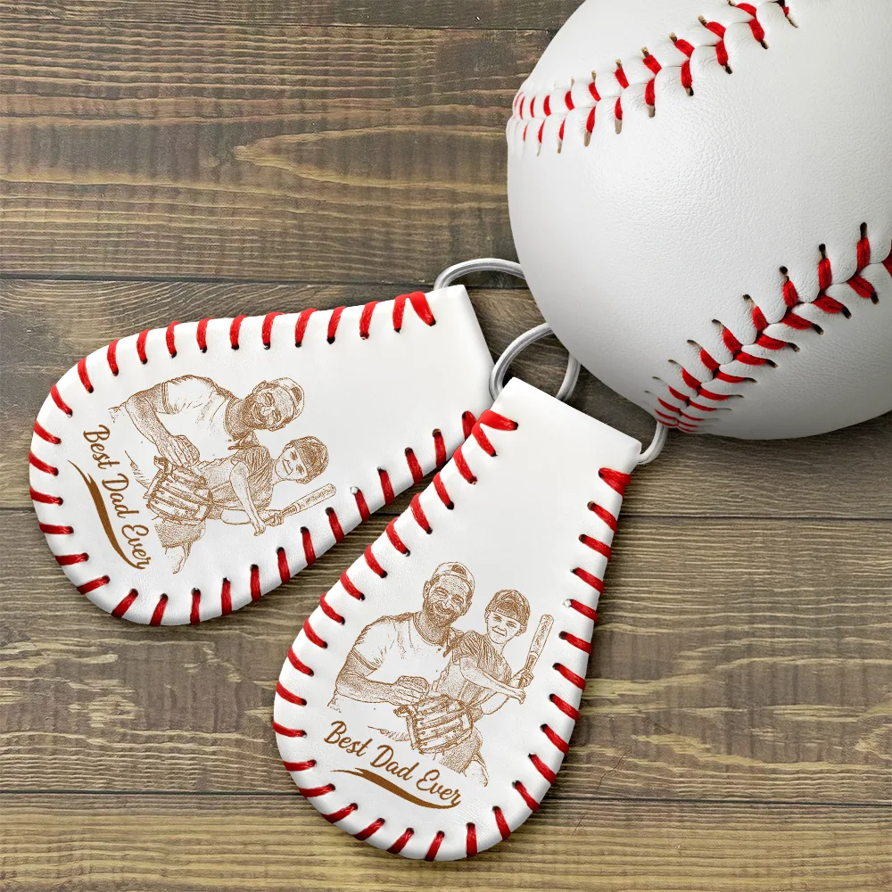 Gift For Father,Sport Dad,Baseball - Custom Photo Pencil Drawing Engraved Best Dad Grandpa Ever - Personalized Leather Baseball Keychain