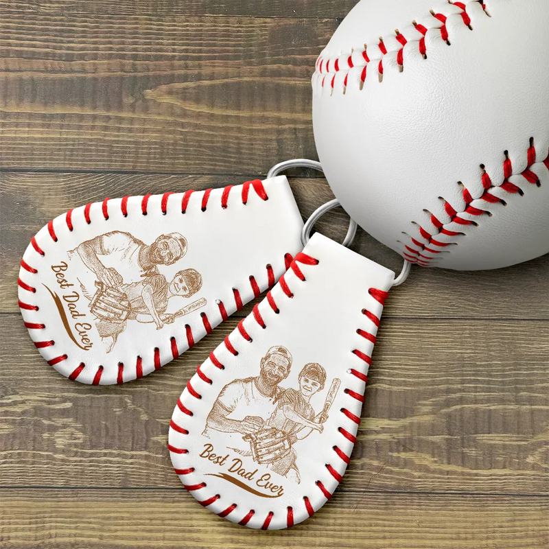Gift For Father,Sport Dad,Baseball - Custom Photo Pencil Drawing Engraved Best Dad Grandpa Ever - Personalized Leather Baseball Keychain