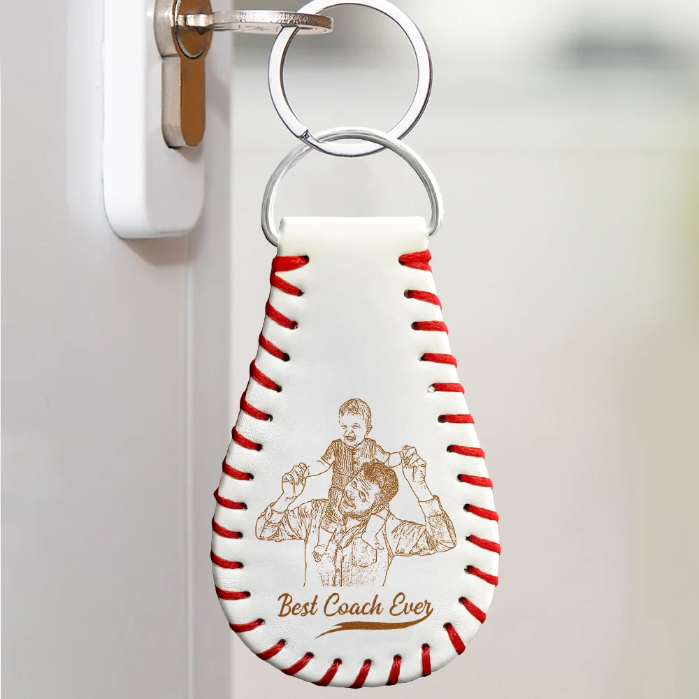 Gift For Father,Sport Dad,Baseball - Custom Photo Pencil Drawing Engraved Best Dad Grandpa Ever - Personalized Leather Baseball Keychain