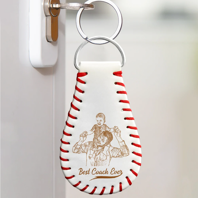 Gift For Father,Sport Dad,Baseball - Custom Photo Pencil Drawing Engraved Best Dad Grandpa Ever - Personalized Leather Baseball Keychain