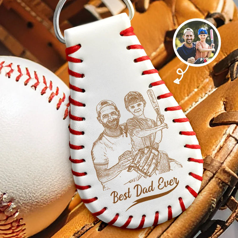 Gift For Father,Sport Dad,Baseball - Custom Photo Pencil Drawing Engraved Best Dad Grandpa Ever - Personalized Leather Baseball Keychain