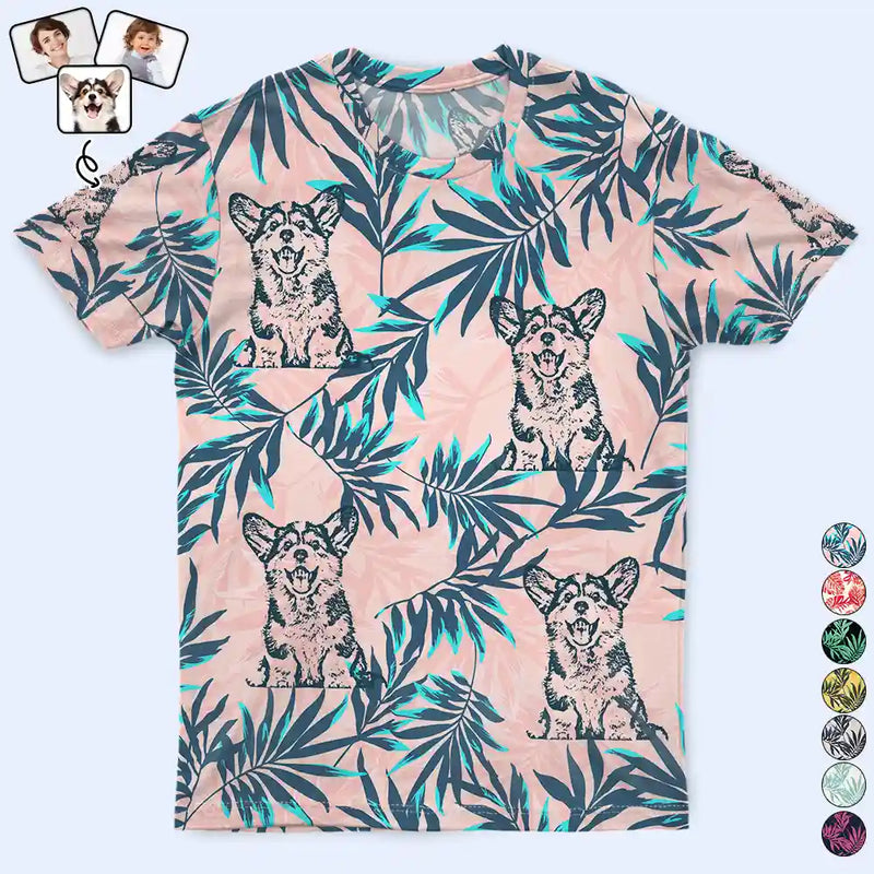 Pet Lovers, Family, Summer - Custom Photo Pencil Drawing Palm Leaf Vacation Vibe - Personalized Full Print T Shirt