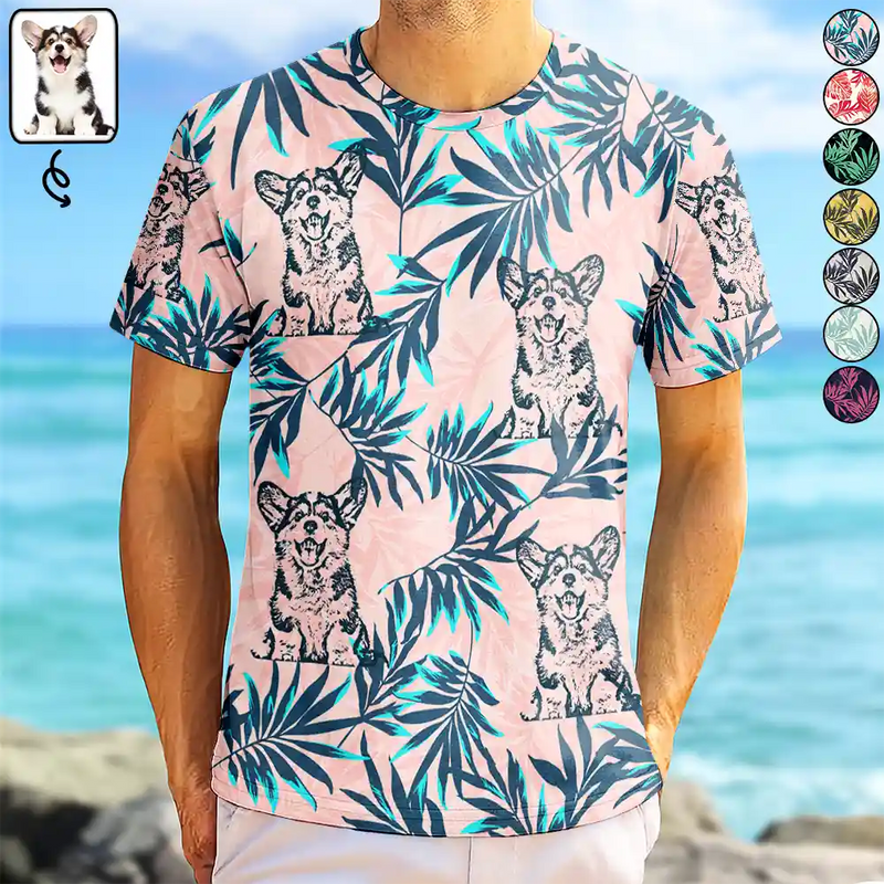 Pet Lovers, Family, Summer - Custom Photo Pencil Drawing Palm Leaf Vacation Vibe - Personalized Full Print T Shirt