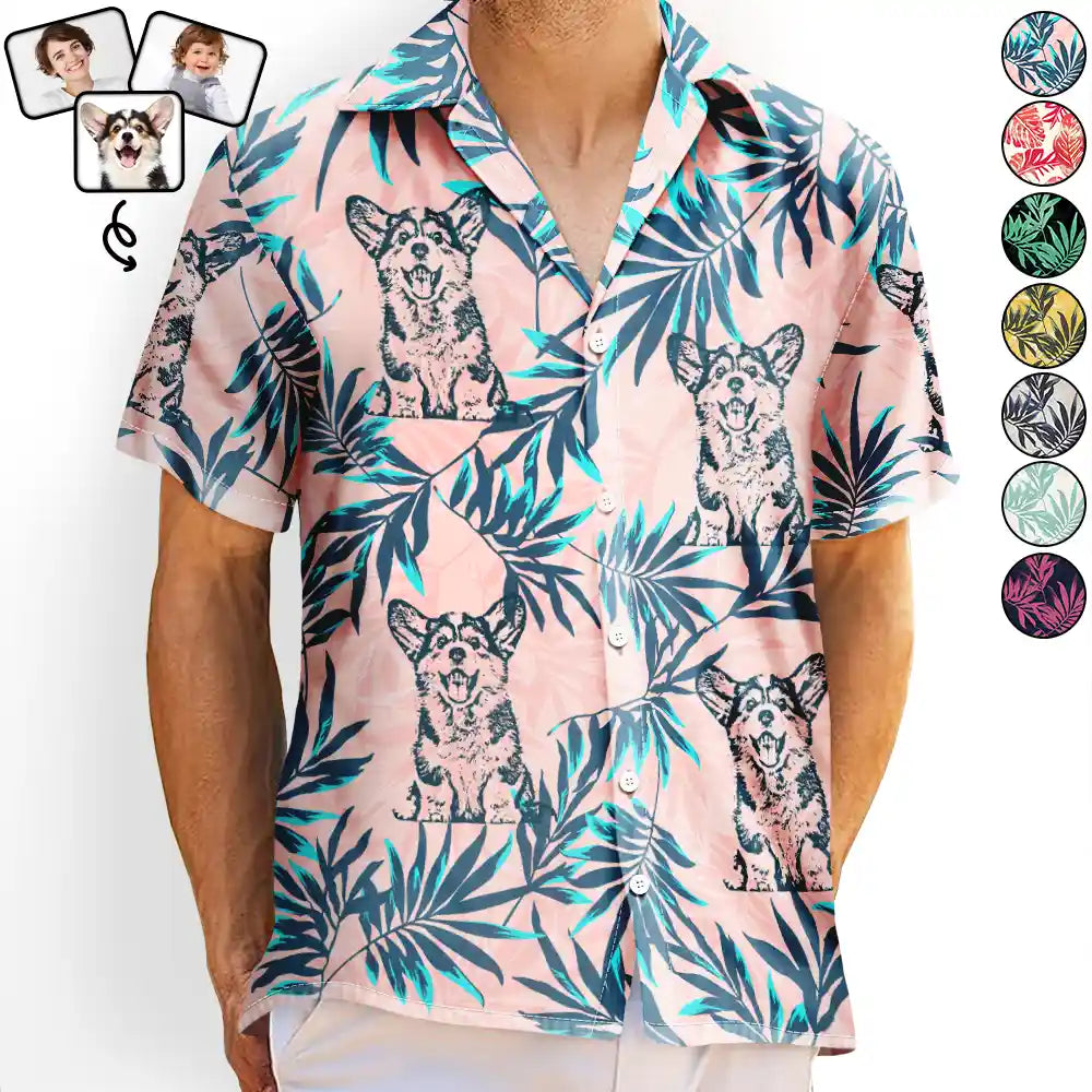 Pet Lovers,Family,Summer - Custom Photo Pencil Drawing Palm Leaf Vacation Vibe - Personalized Hawaiian Shirt