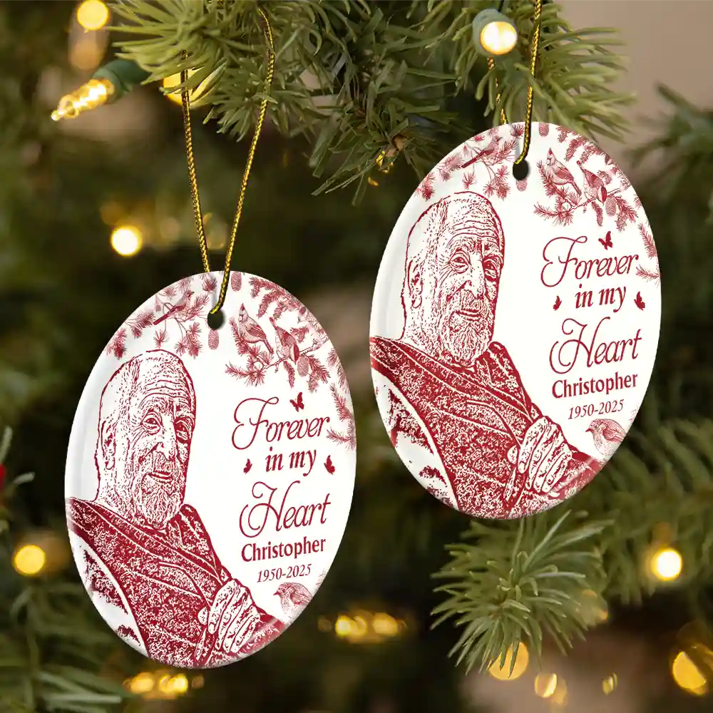 Family,Custom Photo,Sad,Christmas - Custom Photo Pencil Drawing Toile De Jouy Memorial Although You Cannot See Me - Personalized Circle Ceramic Ornament