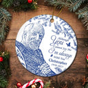 Family,Custom Photo,Sad,Christmas - Custom Photo Pencil Drawing Toile De Jouy Memorial Although You Cannot See Me - Personalized Circle Ceramic Ornament