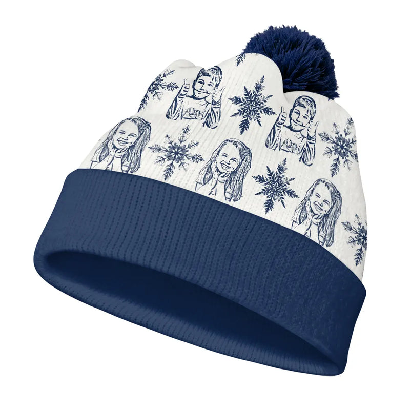 Gift For Yourself,Gift For Women,Gift For Men,Pet Lovers,Pet Mom,Pet Dad,Dog Lovers,Dog Mom,Dog Dad,Cat Mom,Cat Lovers,Cat Dad,Love,Christmas - Custom Photo Pencil Drawing Toile De Jouy Snowflakes - Personalized Bobble Beanie Hat