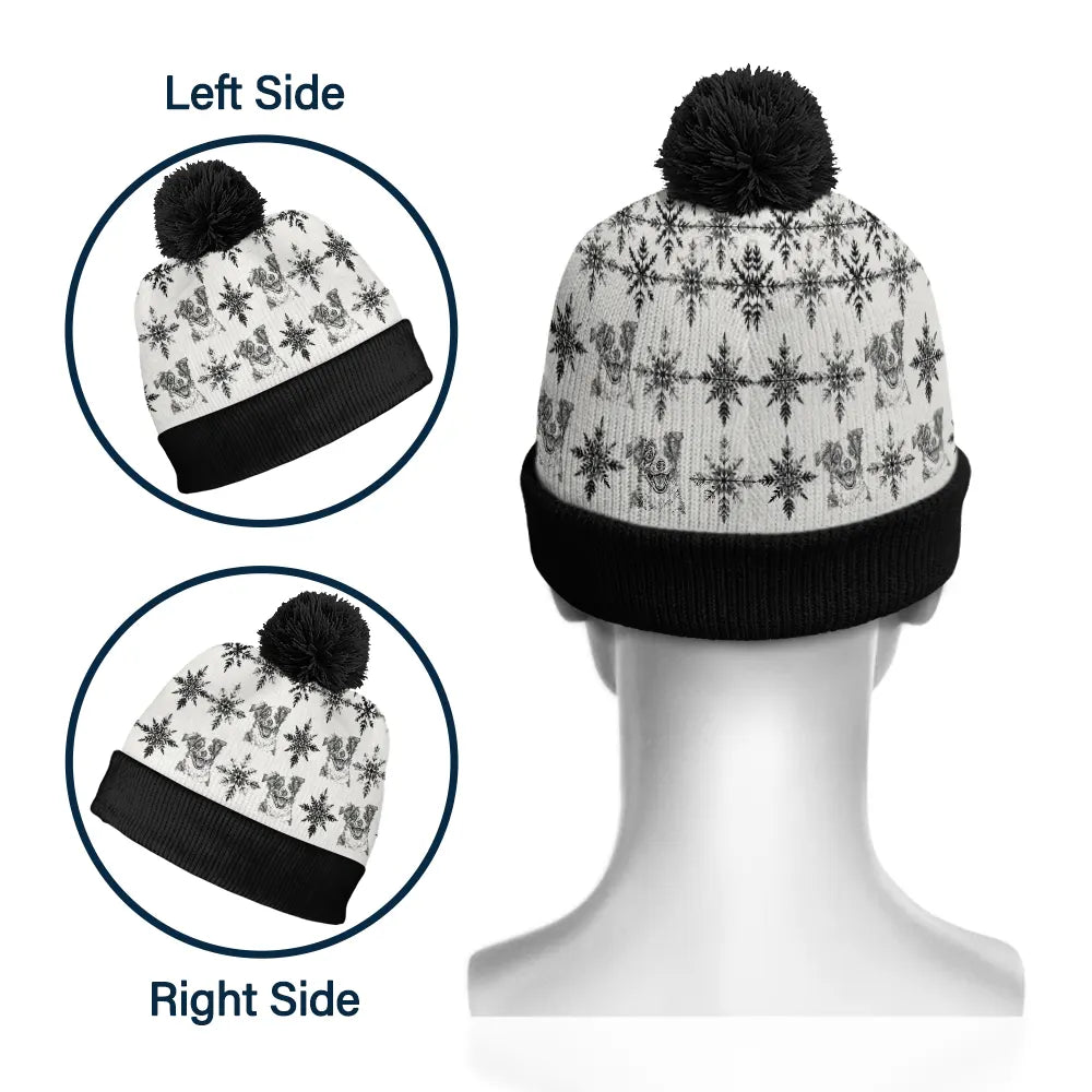 Gift For Yourself,Gift For Women,Gift For Men,Pet Lovers,Pet Mom,Pet Dad,Dog Lovers,Dog Mom,Dog Dad,Cat Mom,Cat Lovers,Cat Dad,Love,Christmas - Custom Photo Pencil Drawing Toile De Jouy Snowflakes - Personalized Bobble Beanie Hat
