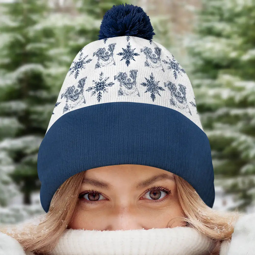 Gift For Yourself,Gift For Women,Gift For Men,Pet Lovers,Pet Mom,Pet Dad,Dog Lovers,Dog Mom,Dog Dad,Cat Mom,Cat Lovers,Cat Dad,Love,Christmas - Custom Photo Pencil Drawing Toile De Jouy Snowflakes - Personalized Bobble Beanie Hat