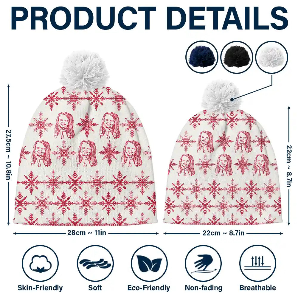 Gift For Yourself,Gift For Women,Gift For Men,Pet Lovers,Pet Mom,Pet Dad,Dog Lovers,Dog Mom,Dog Dad,Cat Mom,Cat Lovers,Cat Dad,Love,Christmas - Custom Photo Pencil Drawing Toile De Jouy Snowflakes - Personalized Bobble Beanie Hat