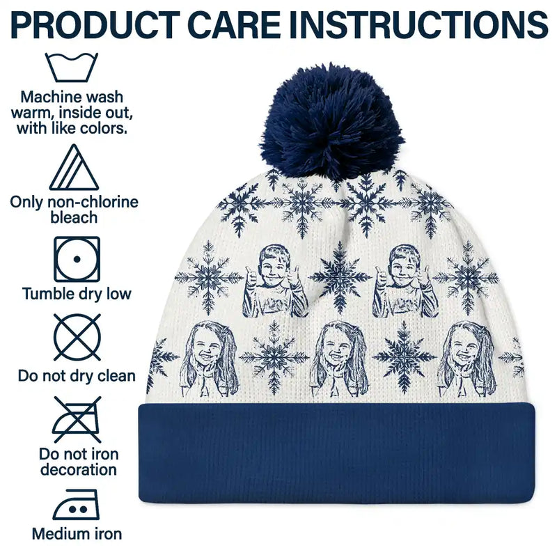 Gift For Yourself,Gift For Women,Gift For Men,Pet Lovers,Pet Mom,Pet Dad,Dog Lovers,Dog Mom,Dog Dad,Cat Mom,Cat Lovers,Cat Dad,Love,Christmas - Custom Photo Pencil Drawing Toile De Jouy Snowflakes - Personalized Bobble Beanie Hat