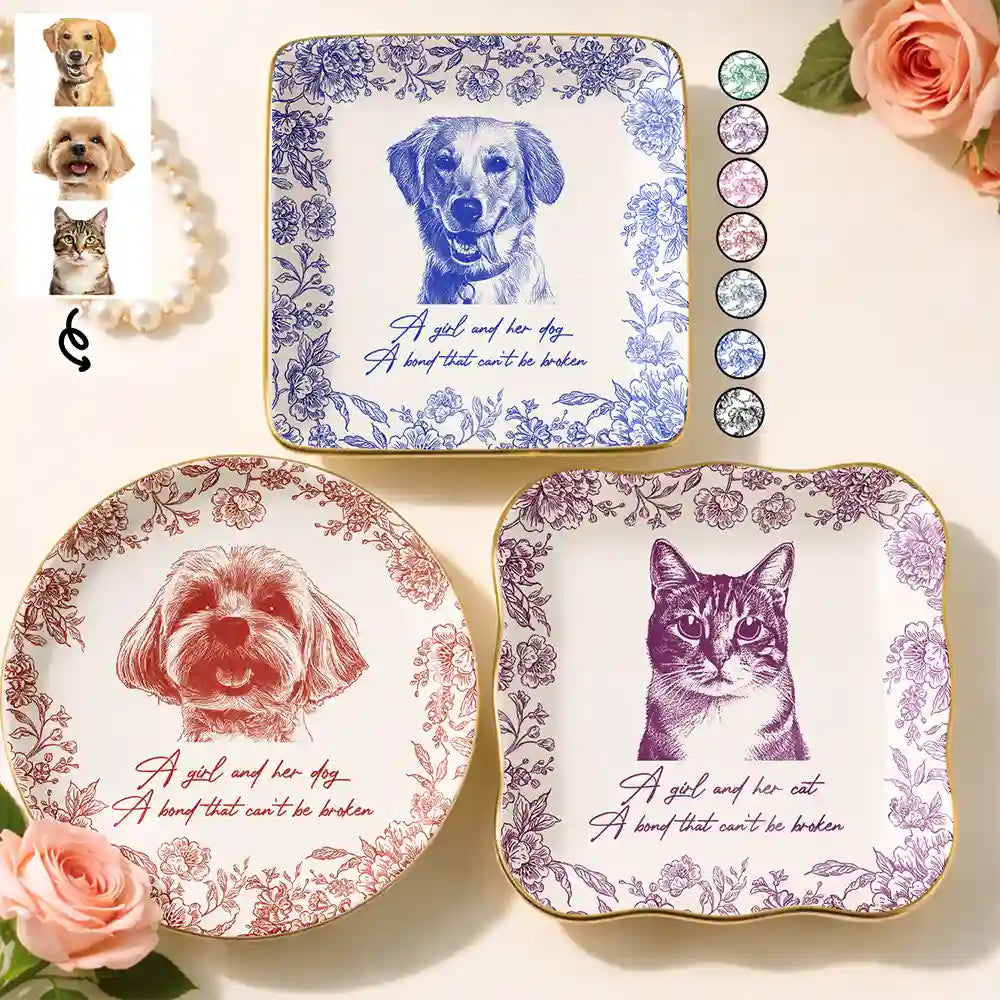 Custom Photo Pencil Sketch A Girl And Her Dog Cat - Personalized Ring Dish