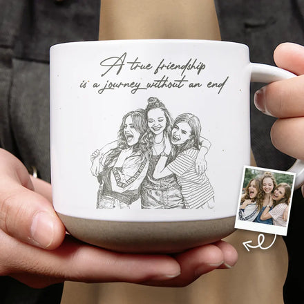 Custom Photo Pencil Sketch A True Friendship Is A Journey Without An End - Personalized Pottery Mug