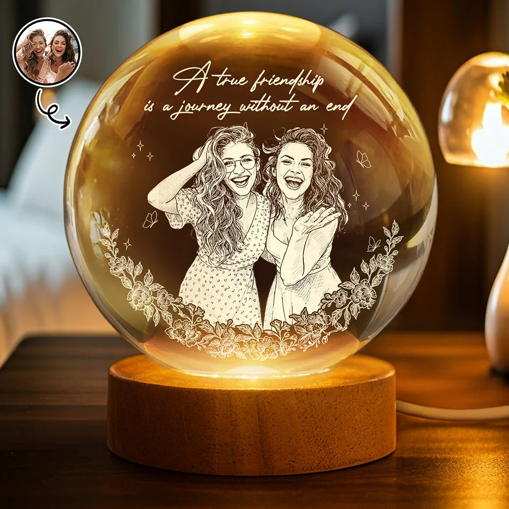 Gift For Bestie,Old Best friends,Gift For Sisters,Custom Photo,Happy - Custom Photo Pencil Sketch A True Friendship Is A Journey Without An End - Personalized Crystal Globe Lamp