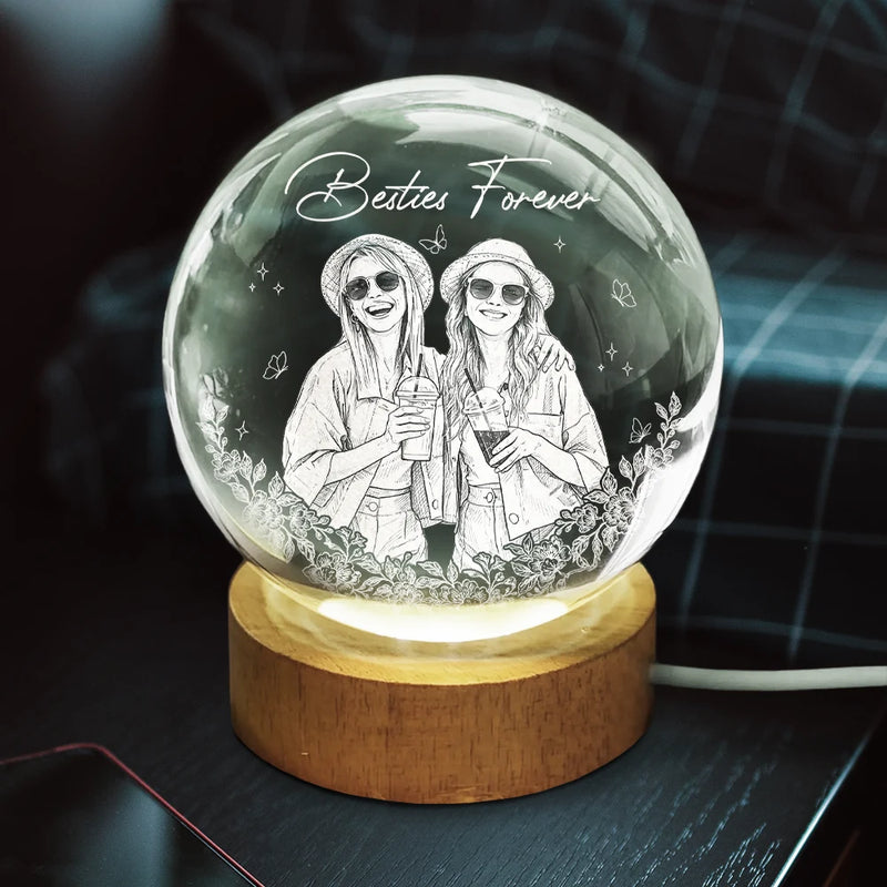 Gift For Bestie,Old Best friends,Gift For Sisters,Custom Photo,Happy - Custom Photo Pencil Sketch A True Friendship Is A Journey Without An End - Personalized Crystal Globe Lamp